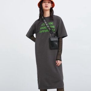 Zara Gray Short Sleeve‎ T-Shirt Dress ‘Attitude Makes the Difference’ Size Med